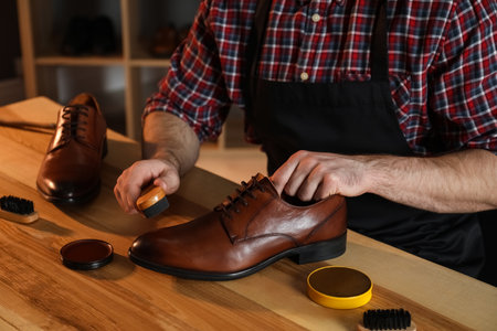 Craftsman taking professional care of brown leather shoes in workshop, closeupの写真素材