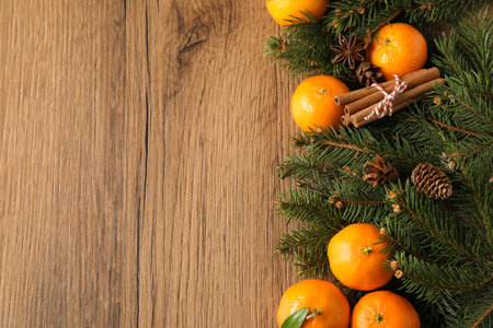Christmas composition with tangerines on wooden background, flat lay. Space for textの写真素材