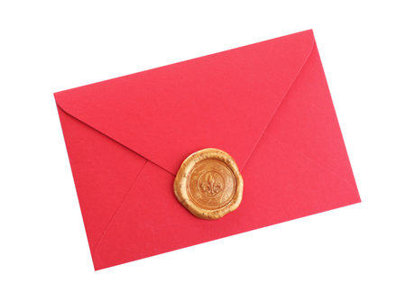Red envelope with wax seal isolated on white, top view