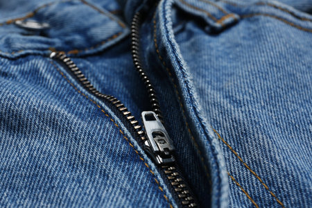 Close up view of blue jeans with zipper as background