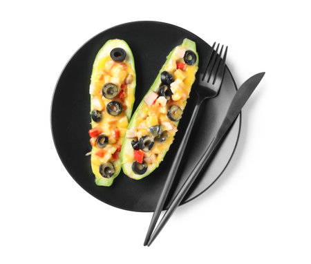 Plate of delicious stuffed zucchini on white background, top viewの写真素材