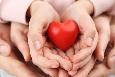 Parents and kid holding red heart in hands, closeup. family dayの写真素材