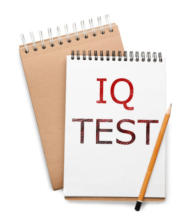 Notebook with text IQ Test and pencil on white background, top viewの写真素材