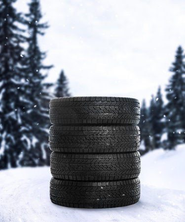Set of new winter tires outdoors on snowの写真素材