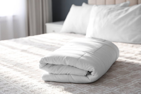 Folded clean blanket on bed in roomの写真素材