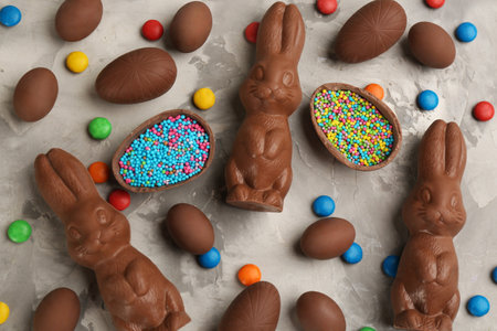 Flat lay composition with chocolate Easter bunnies, eggs and candies on light gray table