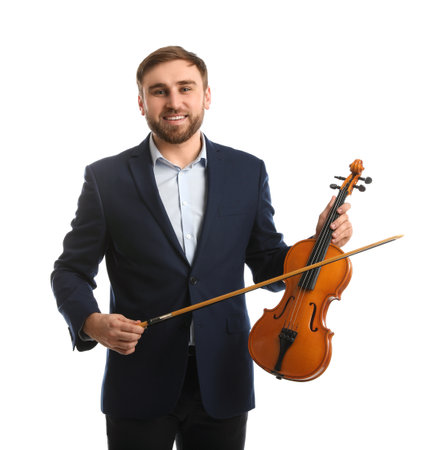 Music teacher with violin and bow on white backgroundの写真素材
