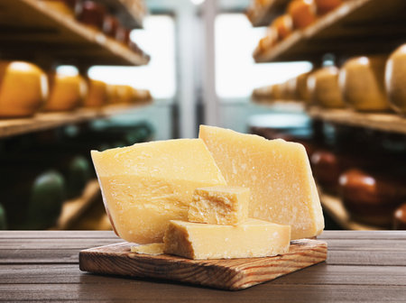 Delicious parmesan cheese on wooden table in warehouseの写真素材
