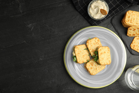 Delicious crackers with cream cheese, cucumber and parsley on black table, flat lay. Space for textの写真素材
