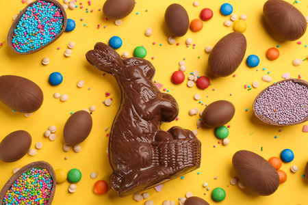 Flat lay composition with chocolate Easter bunny, eggs and candies on yellow background