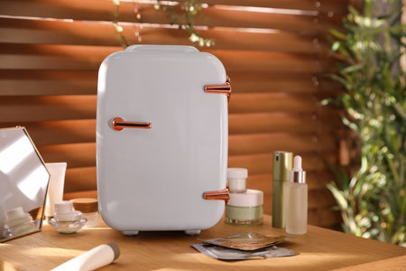 Mini fridge for cosmetic products on wooden vanity tableの写真素材
