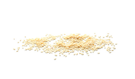Dry raw sesame seeds on white backgroundの写真素材