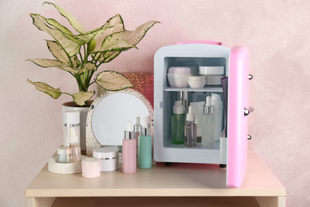 Cosmetics refrigerator and skin care products on tableの写真素材