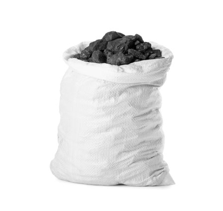 Black coal in sack on white backgroundの写真素材