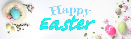 Happy Easter. Flat lay composition with colorful eggs on white background