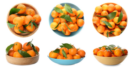 Set with fresh ripe tangerines on white background. banner designの写真素材