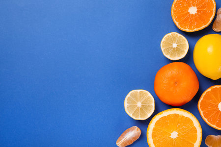 Many fresh citrus fruits on blue background, flat lay. Space for textの写真素材