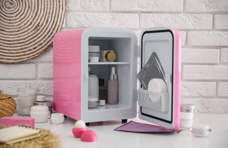 Mini fridge with cosmetic products on white vanity tableの写真素材
