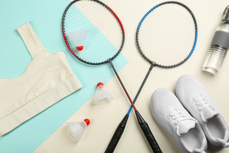 Flat lay composition with badminton rackets and shuttlecocks on color backgroundの写真素材