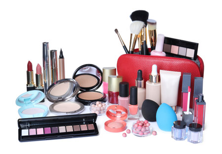 Different luxury decorative cosmetics on white backgroundの写真素材
