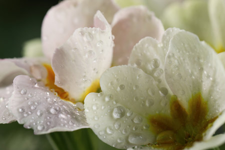 Closeup view of beautiful blooming flowers with dew dropsの写真素材
