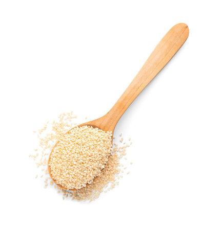 Wooden spoon with sesame seeds on white background, top viewの写真素材