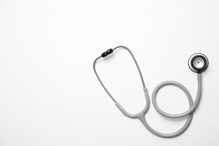 Stethoscope on white background, top view. Space for textの写真素材