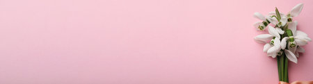 Beautiful snowdrops on pink background, top view. Space for textの写真素材