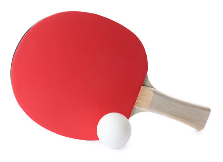 table tennis racket and ball isolated on whiteの写真素材