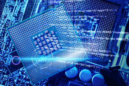 Computer motherboard with processor microchip as background, top view. electronic device