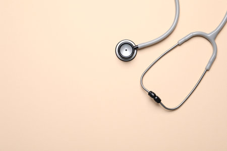 Stethoscope on gray background, top view. Space for textの写真素材