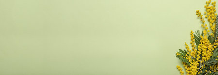 Beautiful mimosa flowers on green background, flat lay. Space for textの写真素材