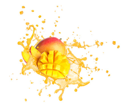 Splash of delicious mango juice on white backgroundの写真素材