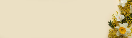 Beautiful floral composition with mimosa flowers on beige background, flat lay. Space for textの写真素材