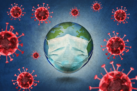Illustration of Earth with medical mask on blue background. coronavirus outbreakの写真素材