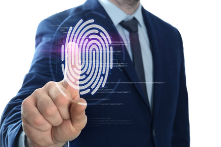 Man using biometric fingerprint scanner on white background, closeupの写真素材