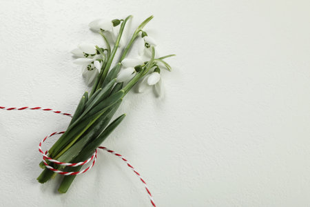 Beautiful snowdrops with traditional cord martisor on white background, flat lay and space for text. Symbol of first spring dayの写真素材