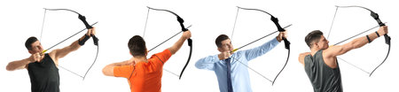 Man practicing archery on white background, collage. banner design
