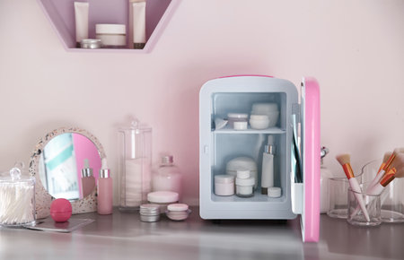 Mini fridge with cosmetic products on gray vanity table indoorsの写真素材