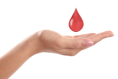 Woman and blood drop on white background, closeup. Anemia conceptの写真素材