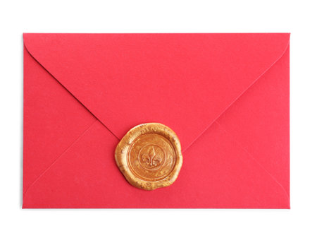 Red envelope with wax seal isolated on white, top viewの写真素材