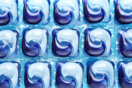 Laundry capsules on blue background, flat layの写真素材