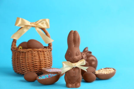 Chocolate Easter bunnies and eggs on light blue backgroundの写真素材