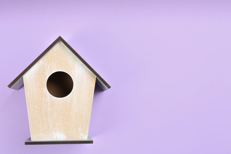 Beautiful bird house on violet background, top view. Space for textの写真素材