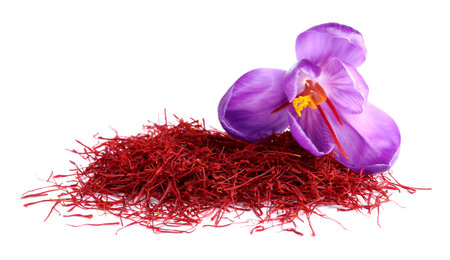 Pile of dried saffron and crocus flower on white backgroundの写真素材