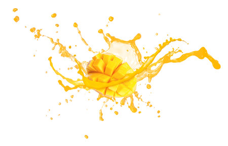 Splash of delicious mango juice on white backgroundの写真素材