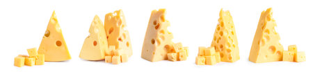 Set with pieces of delicious cheese on white background. banner designの写真素材
