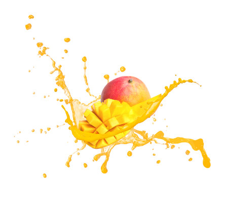 Splash of delicious mango juice on white backgroundの写真素材
