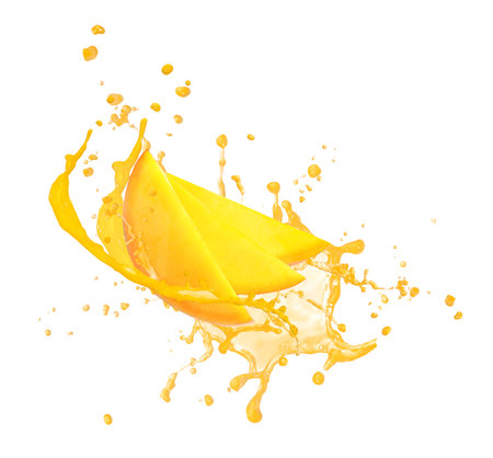 Splash of delicious mango juice on white backgroundの写真素材