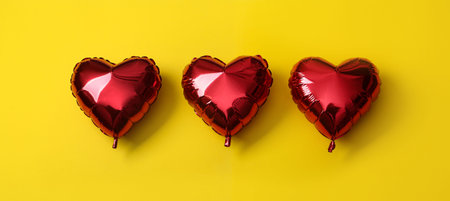 Red heart shaped balloons on yellow background. Valentine's Day celebrationの写真素材